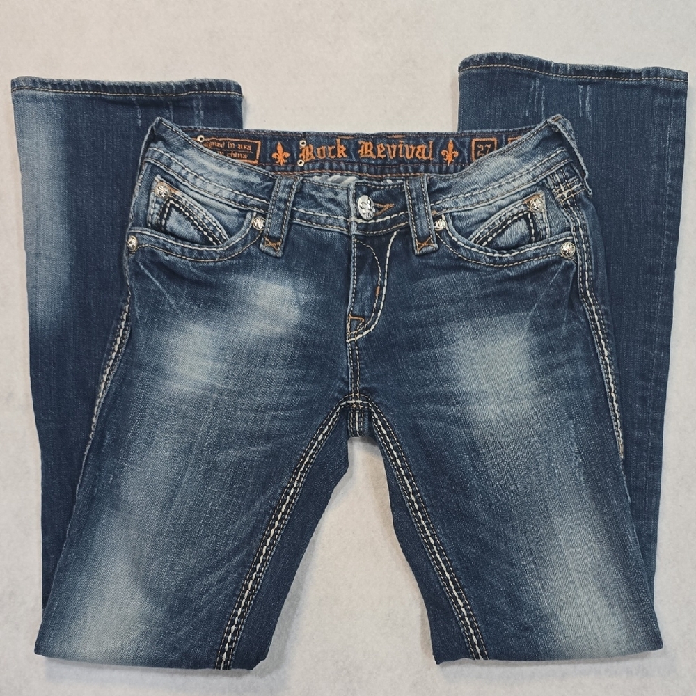 Rock Revival Amber Bootcut Jeans Womens 27 Medium Wash‎ Distressed Fleur De Lis